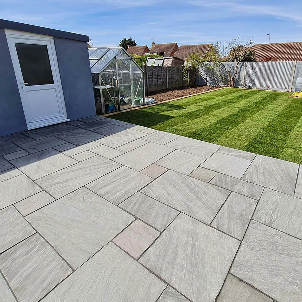 Kandla Grey Indian Sandstone Paving Slabs - Tumbled - Patio Kit - 22mm